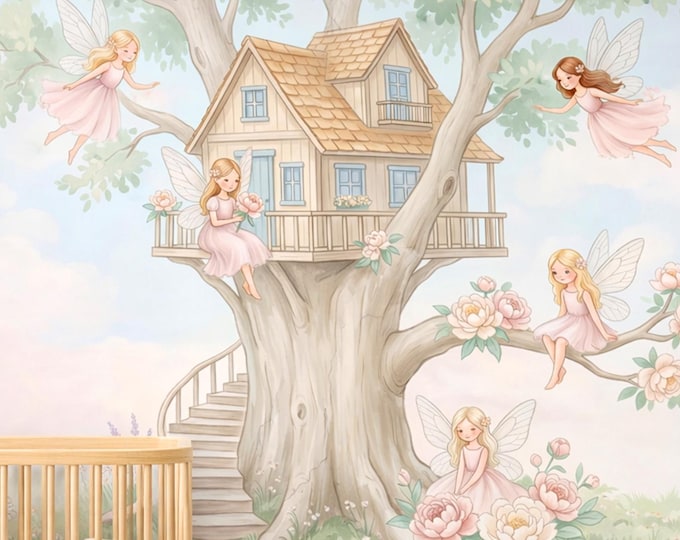 Fairy Treehouse Peel and Stick Mural, Watercolor Blush Peony Girls Nursery Wallpaper