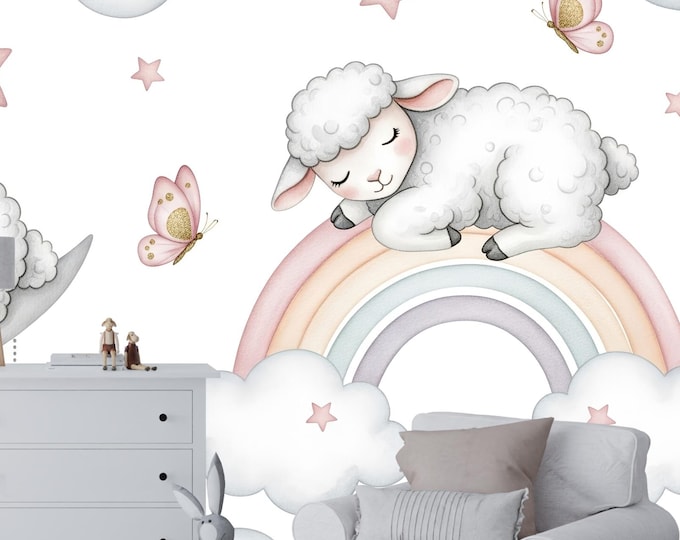 Peel and Stick Sheep Nursery Mural, Sleeping Lamb on Moon Wallpaper, Pastel Rainbow Baby Girl Room