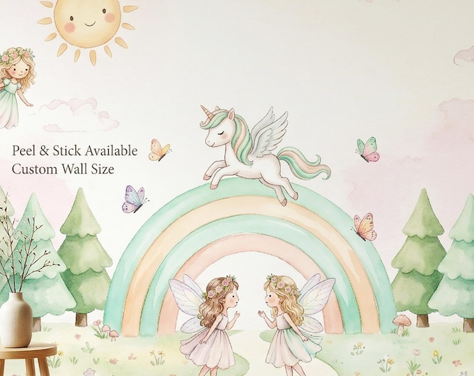 Unicorn Fairy Wallpaper Kids Wall Mural Rainbow Forest Peel Stick or Vinyl Nursery Decor