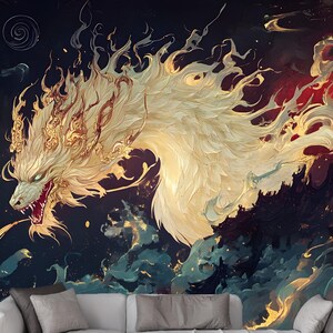 Carta da parati murale fantasy con drago cinese orientale mistico - Opera d'arte con drago dorato infuocato tra nuvole scure - Carta da parati unica per l'arredamento della casa