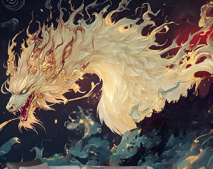 Mystical Oriental Chinese Dragon Fantasy Wallpaper Mural - Artwork with Fiery Golden Dragon in Dark Clouds - Unique Wallpaper for Home Decor