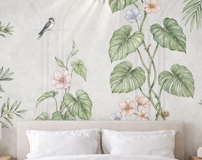 Botanical Wallpaper Mural, Palm Leaves, Bird, Boho Bedroom, Peel and Stick
