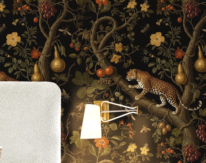 Dark Jungle Leopard Wallpaper Mural | Vintage Tropical Animal Wall Decor | Exotic Chinoiserie Peel and Stick Wallpaper for Living Room