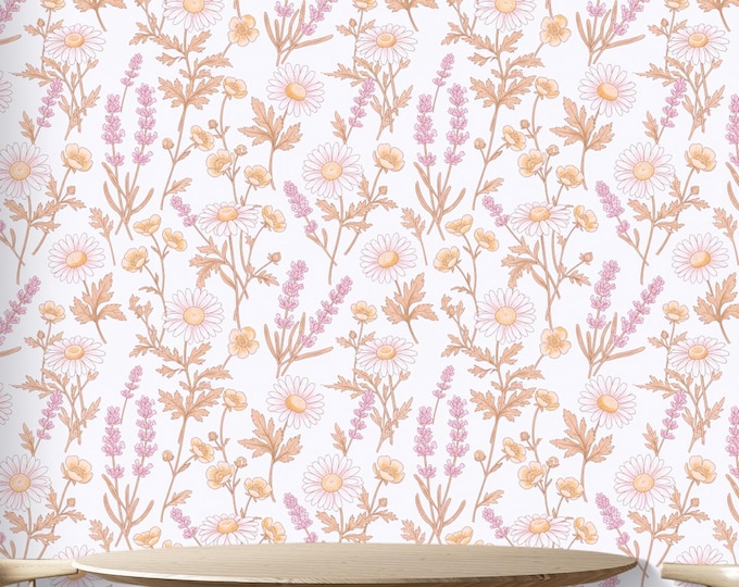 Daisy & Lavender Wallpaper Mural: Vintage Cottagecore Floral Rolls