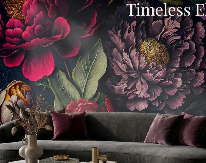 Moody Dark Floral Wallpaper, Large Peony Mural, Vintage Botanical Wall Decor, Peel and Stick