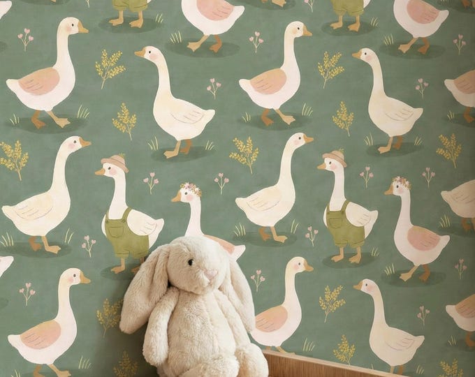 Watercolor Goose Wallpaper - Sage Green Cottagecore Nursery, Peel & Stick