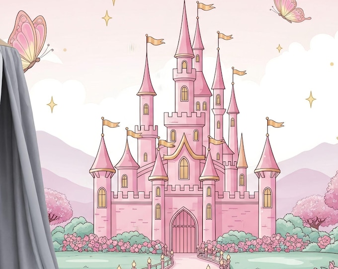 Pink Castle Wallpaper Mural | Princess Fairy Tale Wall Decor | Whimsical Nursery Wallpaper | Magical Pastel Bedroom Wall Art