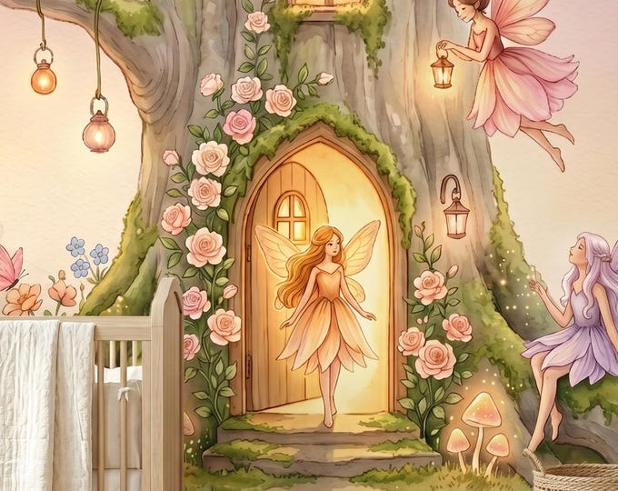 Fairy Door Twilight Lantern Watercolor Wallpaper Mural, Enchanted Nursery Peel and Stick