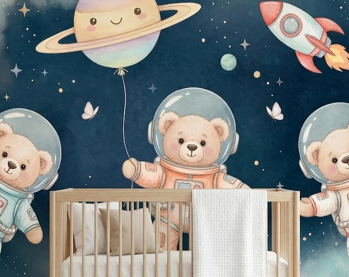 Astronaut Teddy Bear Space Peel & Stick Wallpaper, Watercolor Navy Nursery Mural