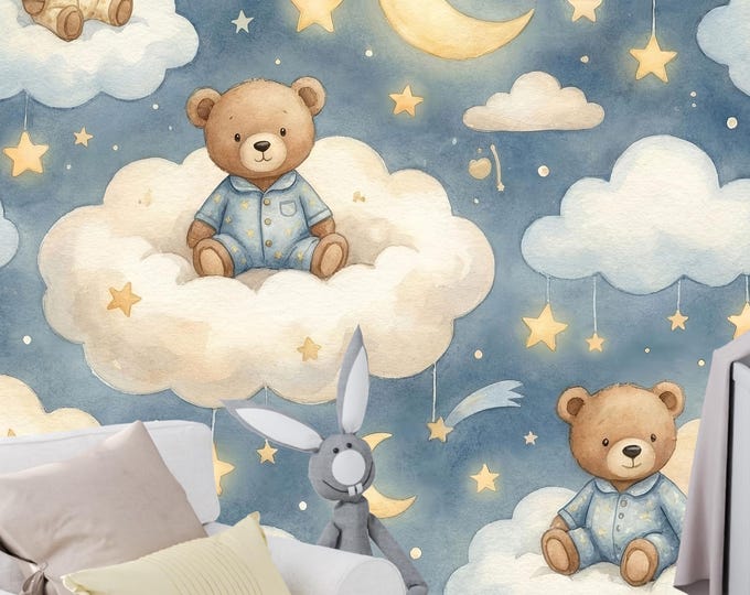 Dreamy Teddy Bear Nursery Wallpaper, Watercolor Moon and Stars Peel and Stick Mural