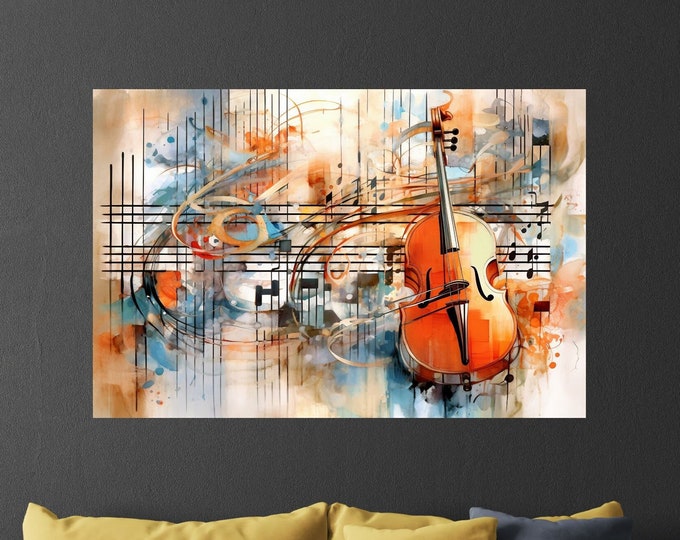 Musical Notes and Violin Abstract Painting Poster or Canvas Print Wall art,  Rustic and Vibrant Watercolor Art, Unique Home Gift