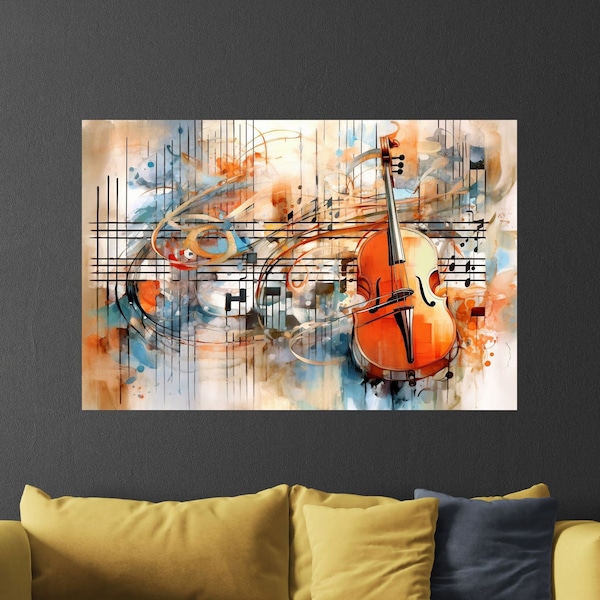 Notes de musique et peinture abstraite de violon Art aquarelle rustique et vibrant, impression sur toile, salon, chambre ou bureau, cadeau unique pour la maison