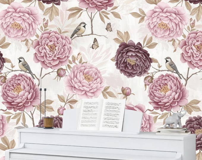 Vintage Peony Wallpaper Mural: Chinoiserie Bird & Butterfly Design