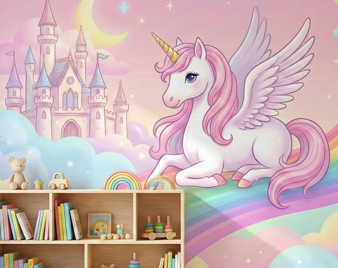 Pink Unicorn Rainbow Wallpaper Girls Nursery, Fantasy Castle Whimsical Peel and Stick Wall Mural