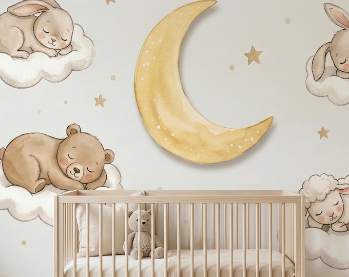 Baby Animal Wallpaper Neutral Nursery Wall Mural Moon Clouds Peel Stick or Vinyl Decor