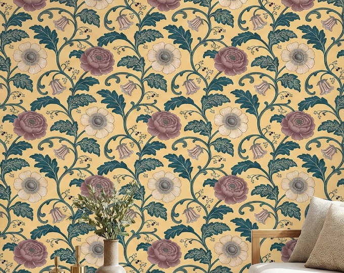 Art Nouveau Floral Wallpaper Peel and Stick, Teal Botanical Accent Wall, Vintage Ochre Gold
