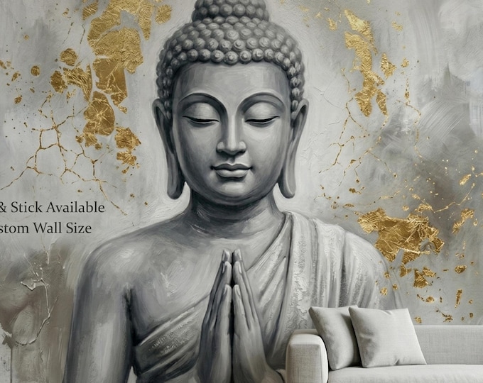 Buddha Gold Grey Peel and Stick Wall Mural, Prayer Pose Zen Abstract Art Wallpaper