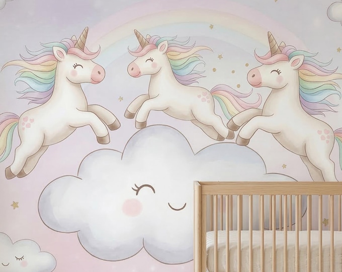 Rainbow Unicorn Cloud Peel & Stick Wallpaper Mural, Pastel Girls Nursery Decor