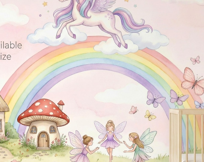 Unicorn Fairy Wallpaper Rainbow Wall Mural Pastel Girls Room Decor Peel Stick or Vinyl