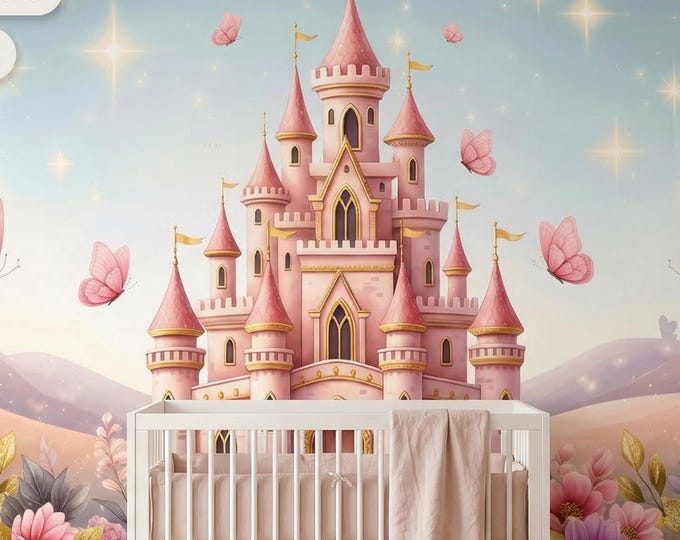 Pink Princess Castle Peel & Stick Mural, Gold Floral Magical Fairytale Girls Wallpaper