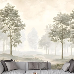 Neutral Forest Tree Wallpaper Mural: Peel and Stick Landscape Wall Decal