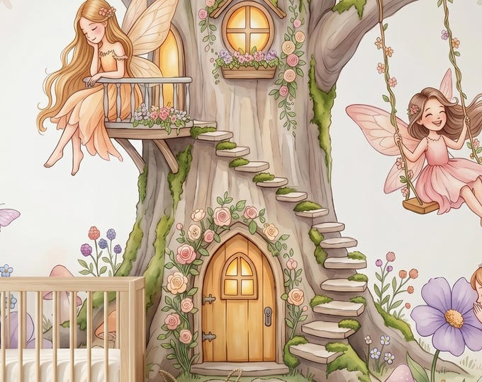 Fairy Tree House Swing Watercolor Wallpaper Mural, Girls Nursery Peel and Stick