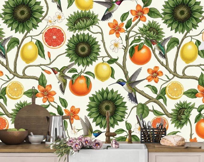 Hummingbird & Citrus Wallpaper: Grandmillennial English Garden Peel and Stick Mural