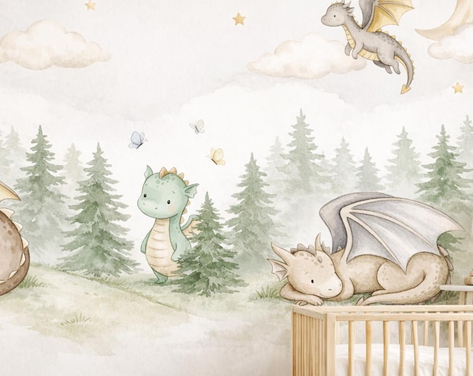 Baby Dragon Nursery Peel and Stick Mural, Watercolor Fantasy Forest Kids Wallpaper