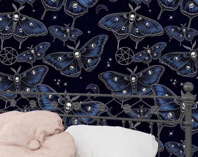 Gothic Skull Moth Wallpaper Mural, Blue Wings and Moons for Dark Bedroom or Studio