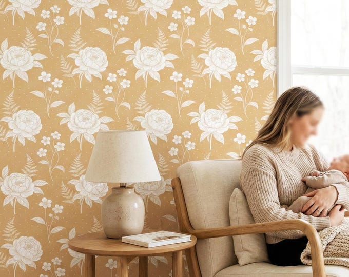 Vintage Peony Wallpaper, Tan Floral Wall Mural, Botanical Nursery Decor, Boho Peel and Stick