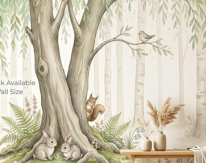 Woodland Nursery Wallpaper Forest Animals Wall Mural Tree Rabbit Fox Peel Stick or Traditional