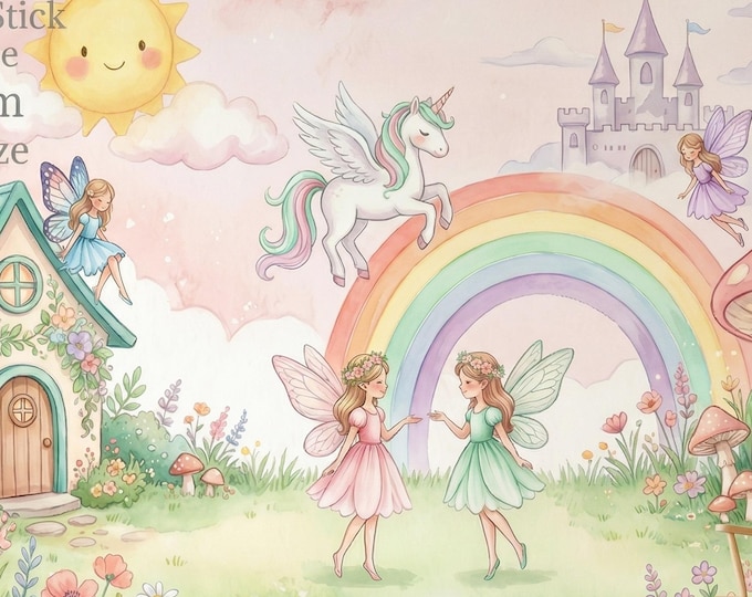 Unicorn Fairy Wallpaper Pink Kids Wall Mural Rainbow Castle Peel Stick or Vinyl Decor
