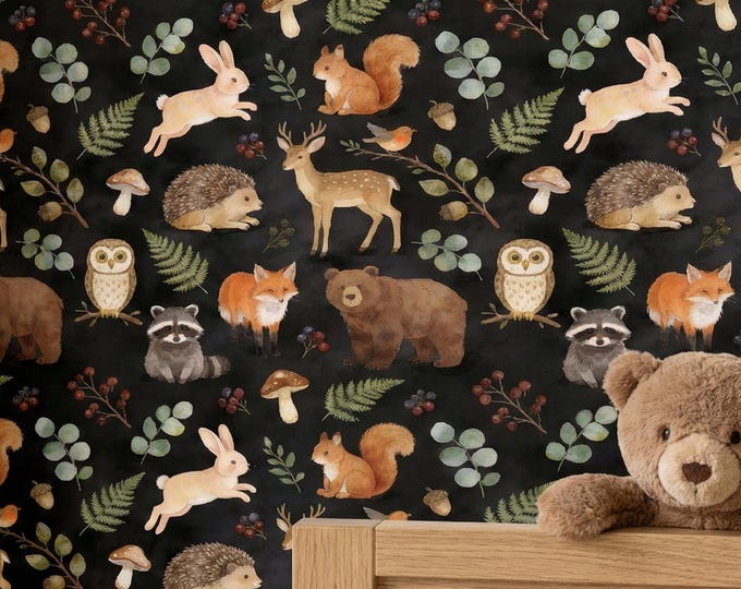 Woodland Animals Wallpaper for Nursery, Dark Forest Mural, Fox Bear Deer Rabbit