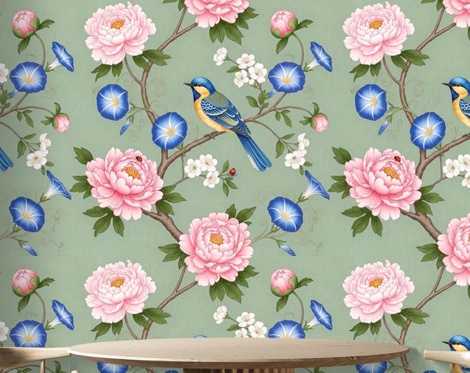Chinoiserie Peony & Bird Wallpaper Mural: Sage Green Cottagecore Design