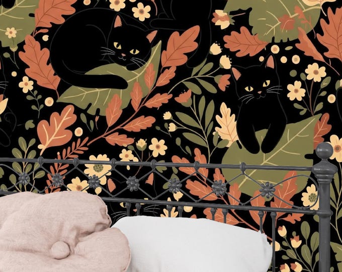 Black Cat Autumn Mural: Cottagecore Fall Foliage Peel and Stick Wallpaper
