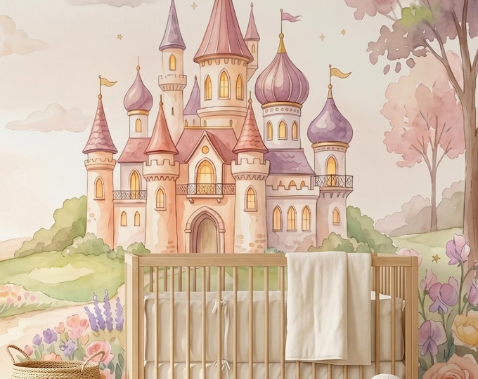 Pink Princess Castle Flower Garden Watercolor Wallpaper Mural, Nursery Peel and Stick