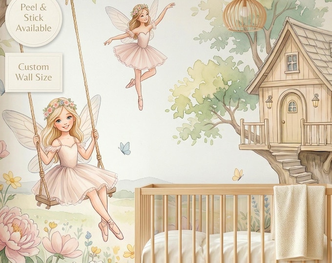 Fairy Ballerina Treehouse Peel and Stick Mural, Watercolor Blush Floral Girls Wallpaper
