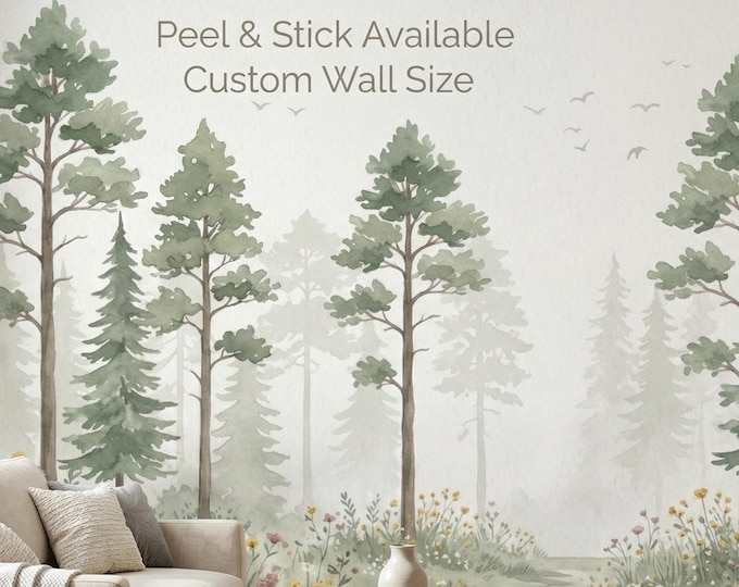 Pine Forest Wildflower Peel and Stick Wall Mural, Watercolor Sage Green Misty Nursery Wallpaper