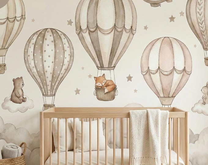 Neutral Hot Air Balloon Nursery Wallpaper Mural Peel and Stick, Beige Woodland Baby Room