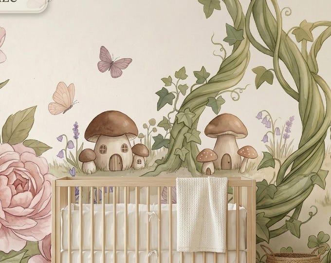 Fairy Garden Mushroom House Watercolor Wallpaper Mural, Peony Nursery Peel and Stick