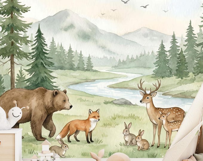 Watercolor Woodland Nursery Wallpaper, Whimsical Forest Animals Mural Bear Deer Fox Decor