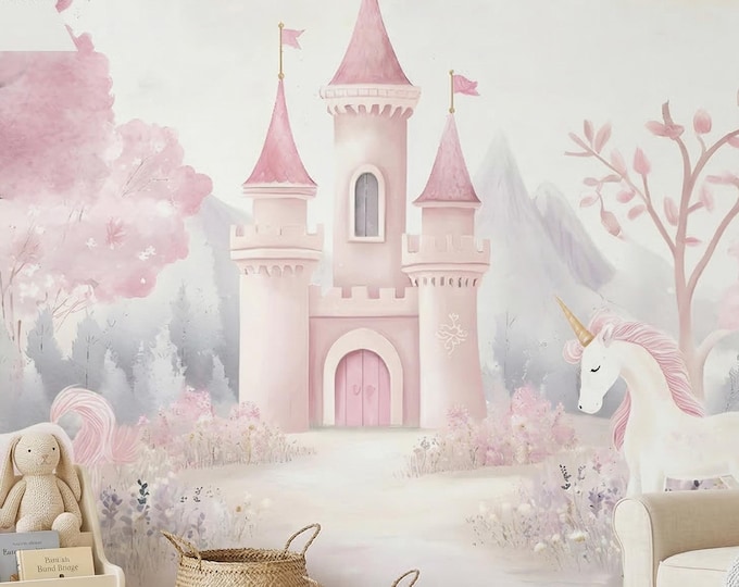 Unicorn Castle Peel & Stick Wallpaper Mural, Pink Princess Girls Nursery