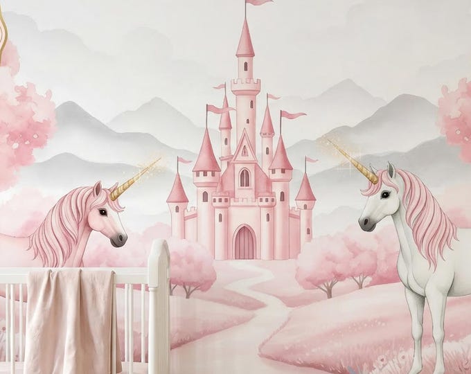 Pink Unicorn Castle Peel & Stick Mural, Watercolor Blush Fairytale Girls Wallpaper
