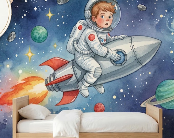 Space Astronaut Boy Peel & Stick Wallpaper Mural, Watercolor Rocket Galaxy Kids