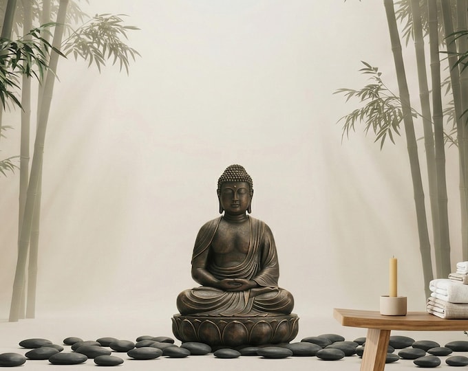 Buddha Bamboo Forest Peel and Stick Wall Mural, Zen Meditation Grey Misty Wall Wallpaper