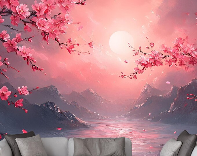 Wallpaper Japanese Sakura Cherry Blossom Sunset - Romantic  Landscape for Bedrooms, Living Rooms, or Accent Walls - Adhesive or Traditional
