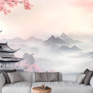 Japanese Castle and Cherry Blossom Wallpaper Mural - Zen Landscape with Sakura and Mountains for Tranquil Bedrooms, Living Rooms, or Offices