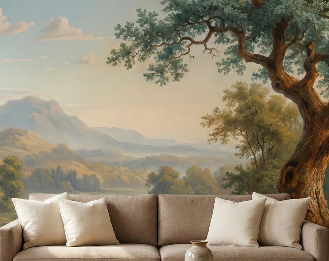 Vintage Landscape Wall Mural Peel Stick, River Valley Scenic Wallpaper for Living Room Bedroom