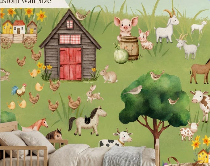 Farm Animals Peel & Stick Mural, Watercolor Barnyard Kids Nursery Wallpaper