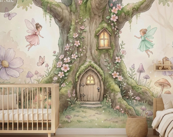 Fairy Tree Wall Mural Peel and Stick, Watercolor Forest Nursery Wallpaper, Whimsical Kids Room